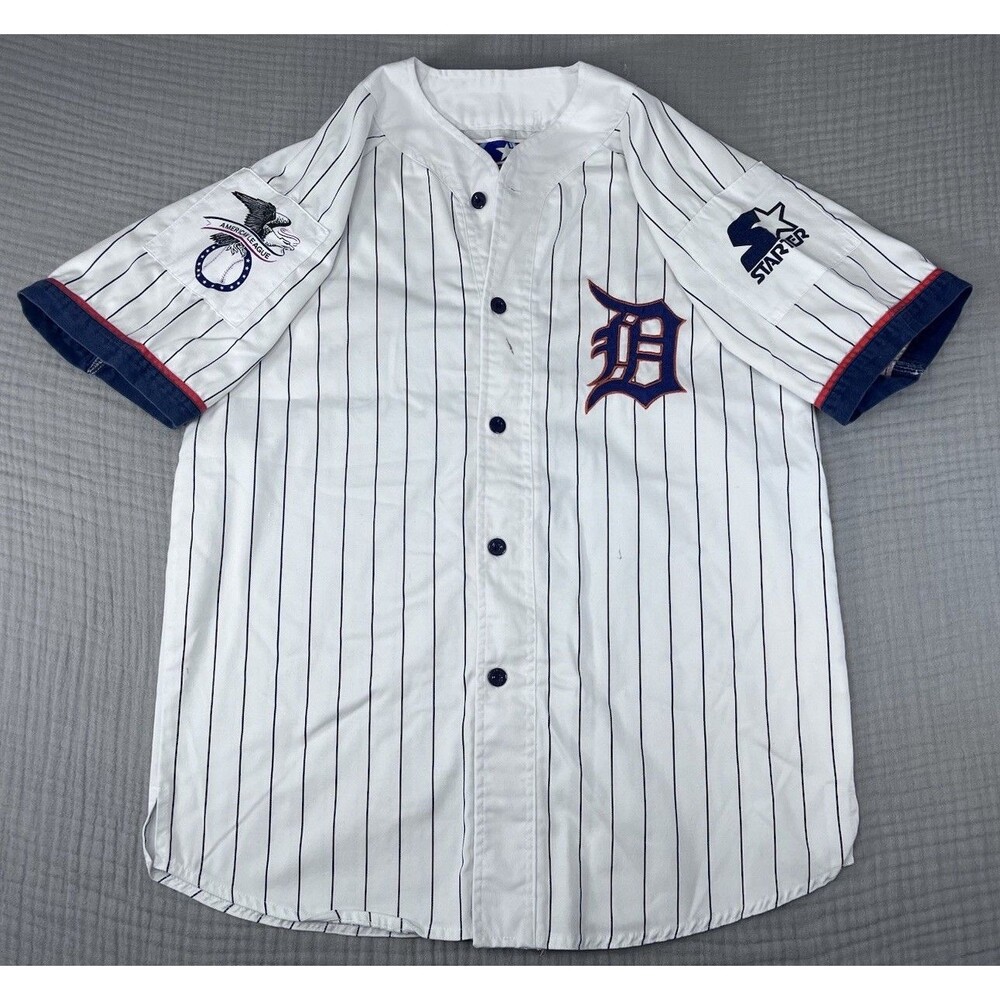 VTG 90s 00s Starter Detroit Tigers Pinstripe Jersey Men’s L Script Logo Rare MLB - Picture 2 of 10